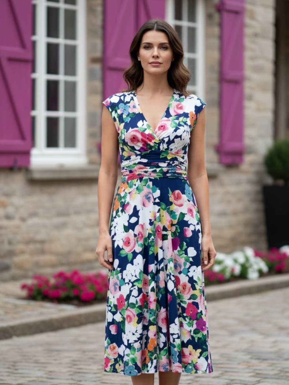 Jessica Howard Stunning Navy Floral Wrap-Style Bodice Mid Dress